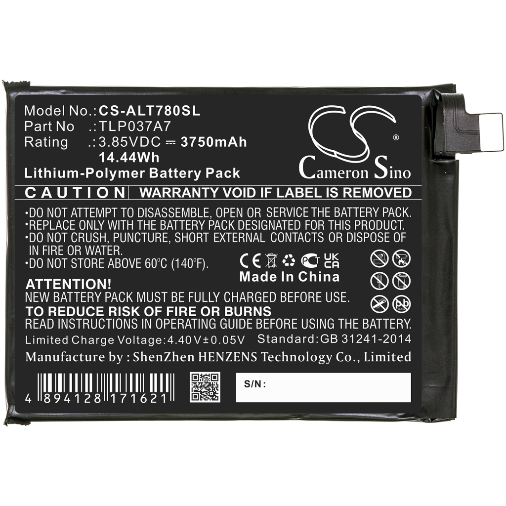 Compatible battery replacement for Alcatel TLP037A7