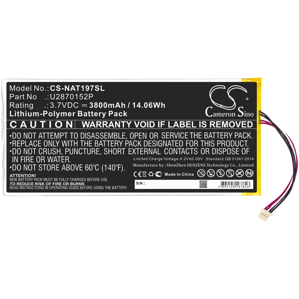 Remplacement de batterie compatible pour Onn U2870152P