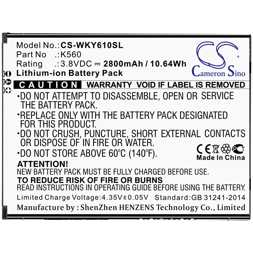 Compatible battery replacement for Wiko K560